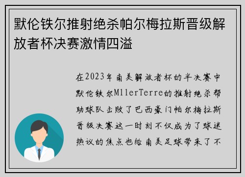 默伦铁尔推射绝杀帕尔梅拉斯晋级解放者杯决赛激情四溢
