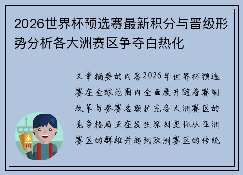 2026世界杯预选赛最新积分与晋级形势分析各大洲赛区争夺白热化