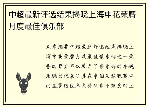中超最新评选结果揭晓上海申花荣膺月度最佳俱乐部